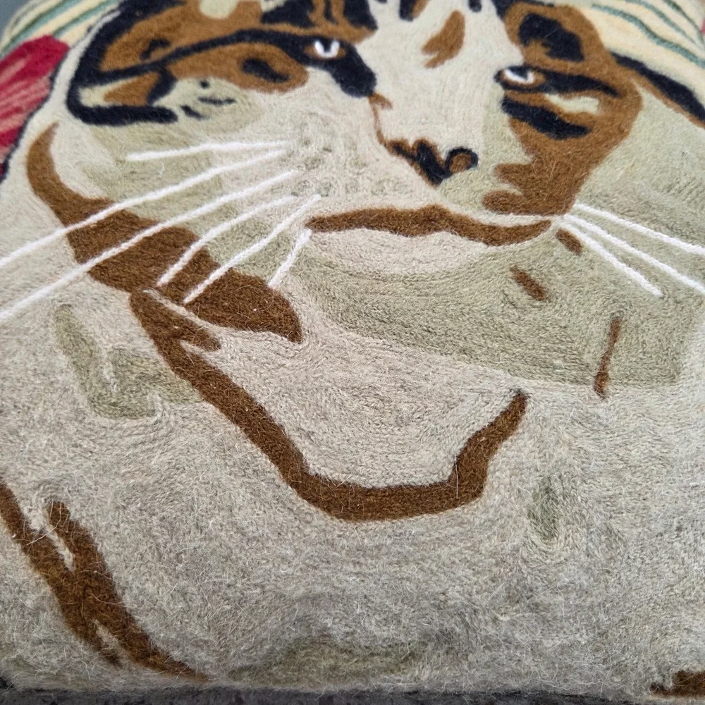Vintage Needle Felted Wool Calico Cat‎ Floral Throw Pillow Folk Art Decor Boho